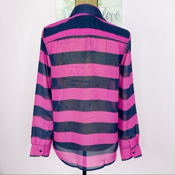 Banana Republic Sheer Rugby Stripe Button Front Shirt Small Pink Black - Picture 5 of 9